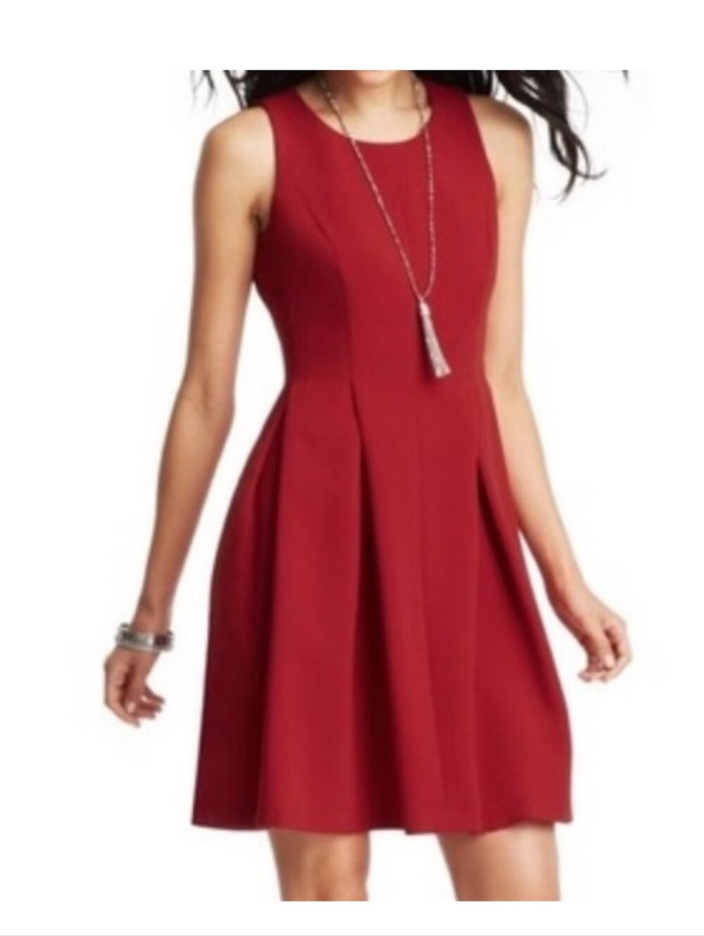 Loft Classic Red Sleeveless Fit And Flare Pintuck Pleated Dress